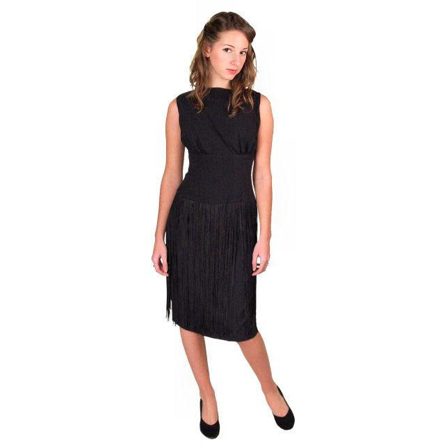 Vintage Cocktail Black Wiggle Dress Long Hip Fringe 1950S 34-24-34 Cart2cart The Best Vintage Clothing