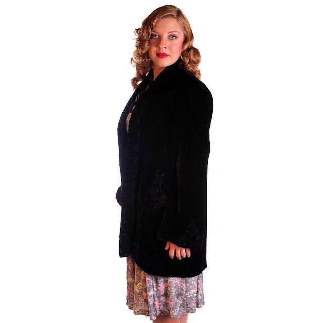 Vintage Black Silk Velvet Evening Coat Trapunto Designs 1940S 42" Bust Women's The Best Vintage Clothing