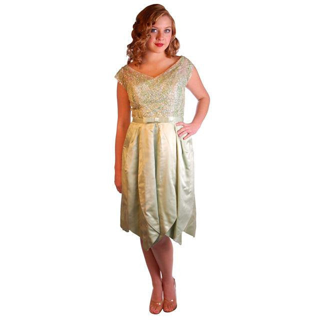 Vintage Green Silk/ Sequins Party Dress Nan Carlby 1950 38-30-Free Petal Skirt Cart2cart Nan Carlby