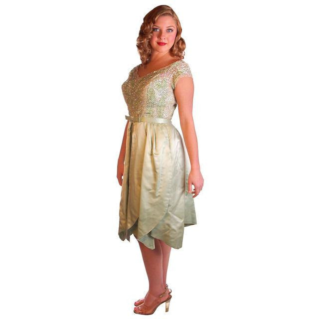 Vintage Green Silk/ Sequins Party Dress Nan Carlby 1950 38-30-Free Petal Skirt Cart2cart Nan Carlby
