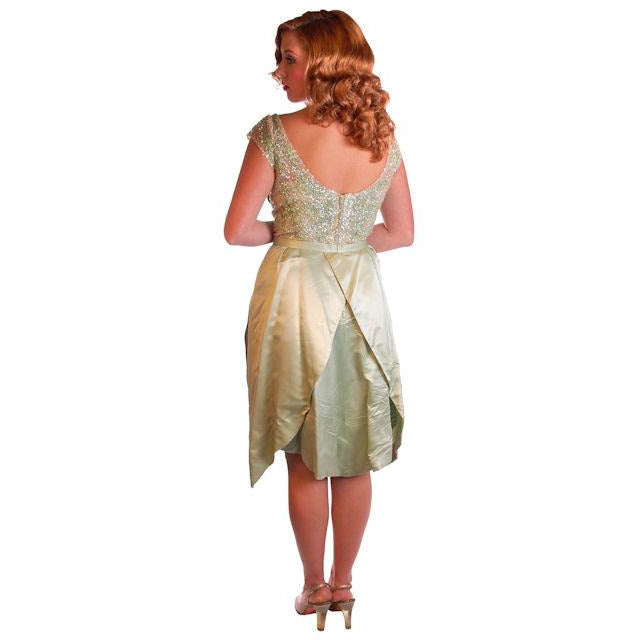 Vintage Green Silk/ Sequins Party Dress Nan Carlby 1950 38-30-Free Petal Skirt Cart2cart Nan Carlby