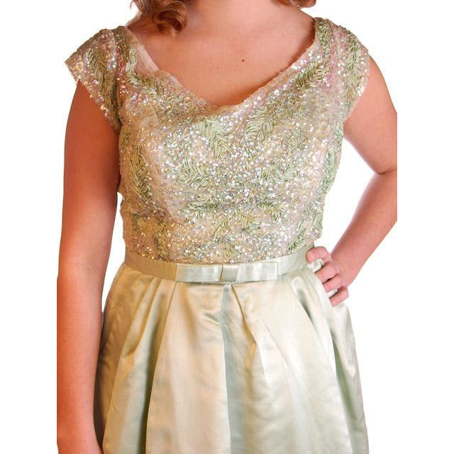 Vintage Green Silk/ Sequins Party Dress Nan Carlby 1950 38-30-Free Petal Skirt Cart2cart Nan Carlby
