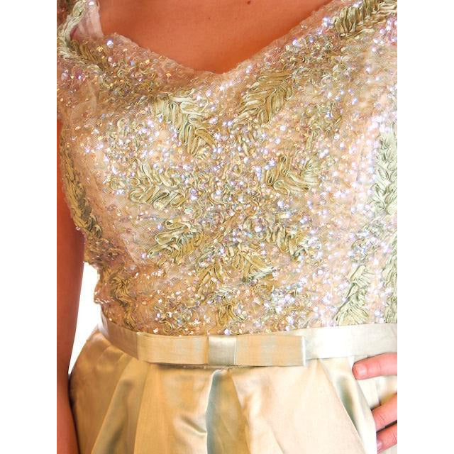Vintage Green Silk/ Sequins Party Dress Nan Carlby 1950 38-30-Free Petal Skirt Cart2cart Nan Carlby