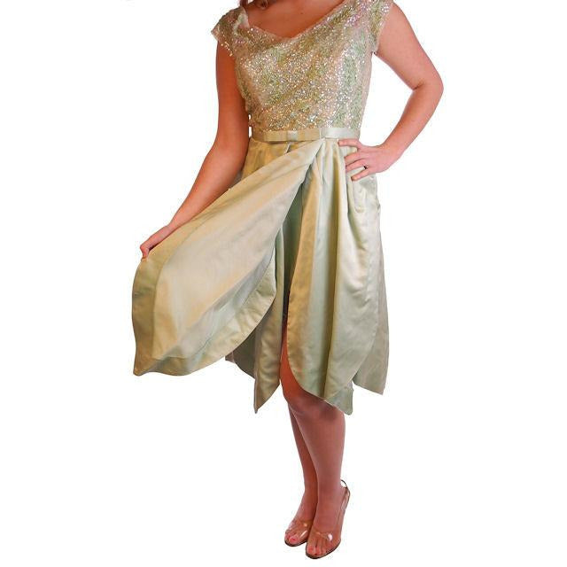 Vintage Green Silk/ Sequins Party Dress Nan Carlby 1950 38-30-Free Petal Skirt Cart2cart Nan Carlby