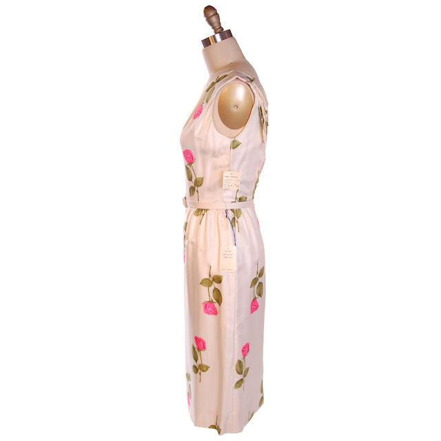 Vintage Fitted Silk Roses Day Dress Nat Kaplan NOS 1950S 34-25-38 Women's Nat Kaplan