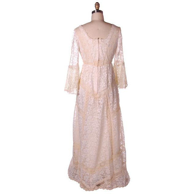 Vintage Cream Lace & Applique Wedding Dress Empire Waist 1970s Gunne Sax Style S/M Women's The Best Vintage Clothing