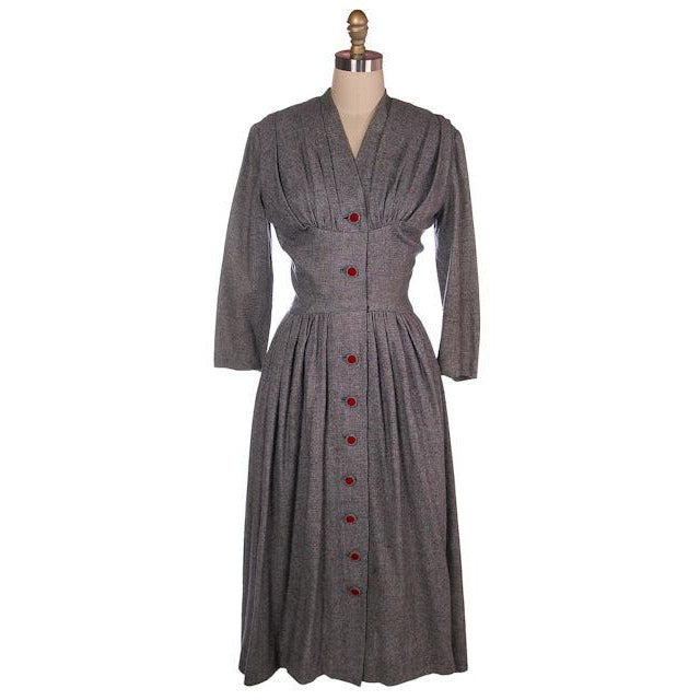 Vintage Charcoal Gray Tweed Wool Day Dress Ultra Late 1940s 38-26-Free - The Best Vintage Clothing
 - 1