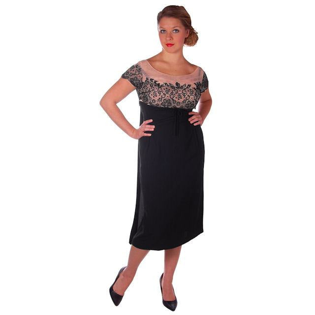 Vintage Black /Pink Rayon & Lace Cocktail Hobble Dress Wiggle Train 1950s 40-30-43 Women's The Best Vintage Clothing