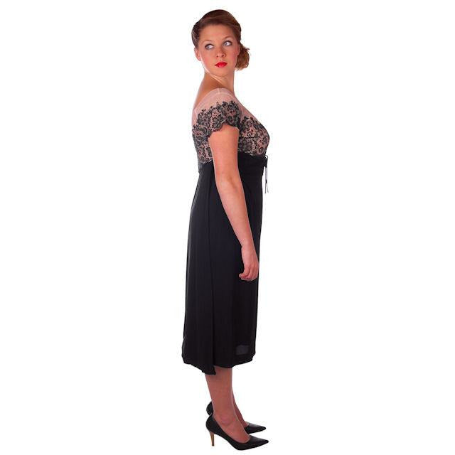 Vintage Black /Pink Rayon & Lace Cocktail Hobble Dress Wiggle Train 1950s 40-30-43 Women's The Best Vintage Clothing