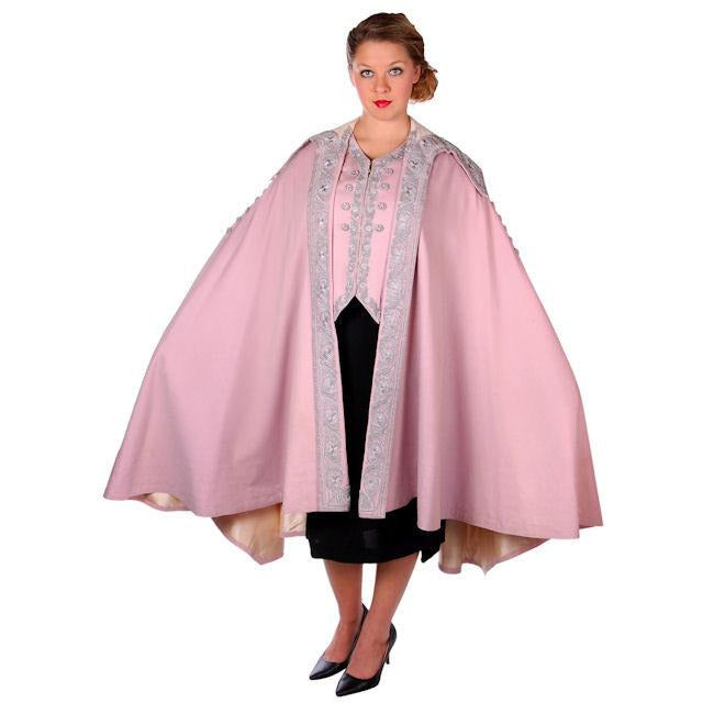 Vintage Pale Pink Titanic Era Cape Wool/Silver Metal Soutache S.Ungar Label RARE Women's vendor-unknown