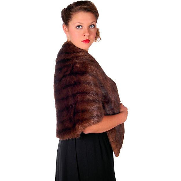 Vintage Stole Brown Muskrat Stole Pretty Satin Printed Flowers Lining 1950s Women's The Best Vintage Clothing