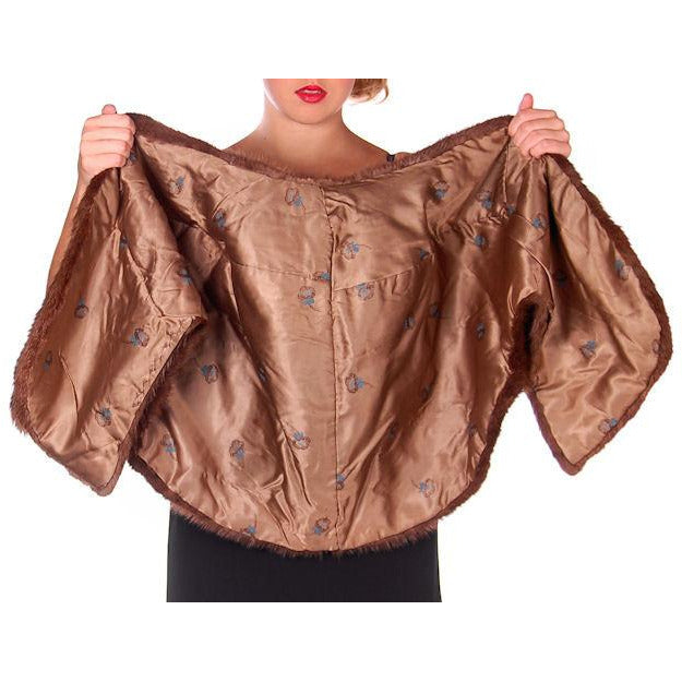 Vintage Stole Brown Muskrat Stole Pretty Satin Printed Flowers Lining 1950s Women's The Best Vintage Clothing