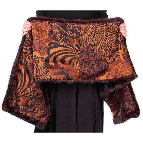 Vintage Stole Dark Brown Mink Extension Mod Print Lining Zipper 1970s Women's vendor-unknown