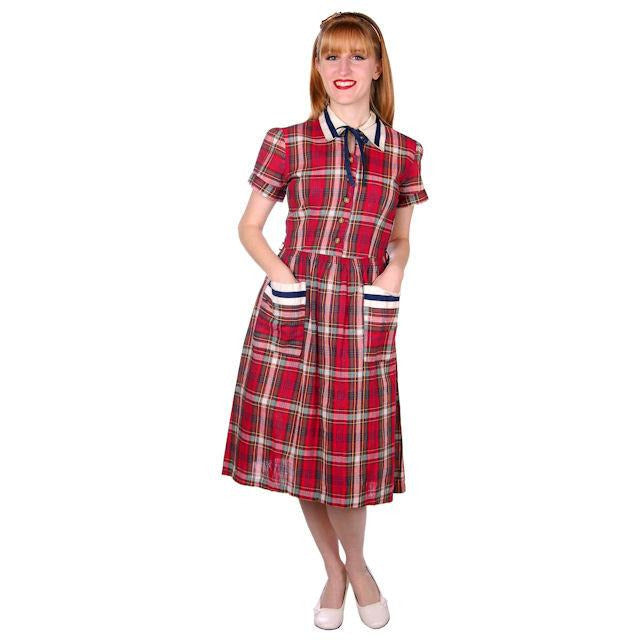 Vintage Dress Shirtdress Cotton Red/Navy Plaid 1940s Penneys 36-30-49 Cart2cart Penneys