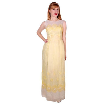 Vintage Yellow Formal Dress Embroidered Nylon Chiffon 1960s 35-26-47 - The Best Vintage Clothing
 - 1