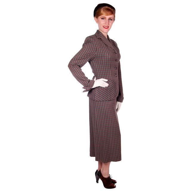 Vintage Green/Taupe/Gray Wool Gab Ladies Suit 1940s Detailed Pockets 36B 23W Cart2cart The Best Vintage Clothing