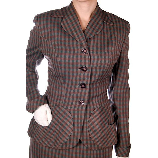 Vintage Green/Taupe/Gray Wool Gab Ladies Suit 1940s Detailed Pockets 36B 23W Cart2cart The Best Vintage Clothing