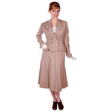 Vintage Oatmeal Beige Wool Ladies DBL BRSTD Suit 1940s Wasp Waist 38B 25 Waist - The Best Vintage Clothing
 - 1