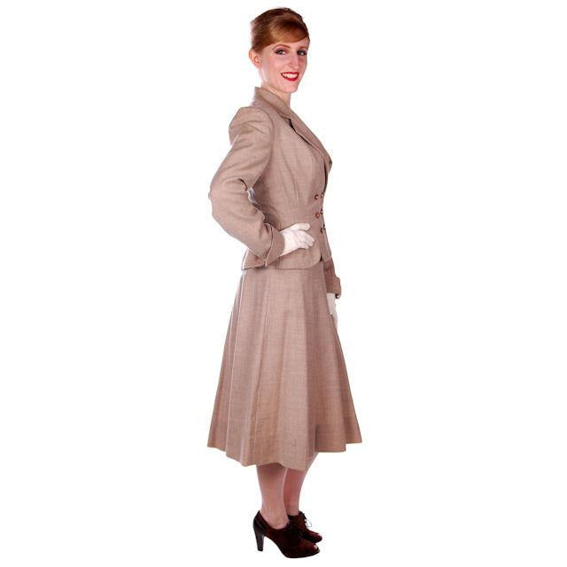 Vintage Oatmeal Beige Wool Ladies DBL BRSTD Suit 1940s Wasp Waist 38B 25 Waist Cart2cart The Best Vintage Clothing