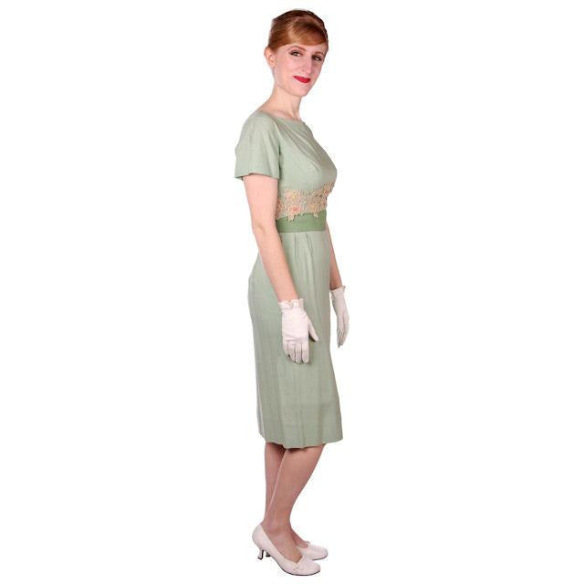 Vintage Dress Green Wiggle Linen 1950s Lace Waistband Ferman O'Grady 36-26-36 Women's Ferman O'Grady