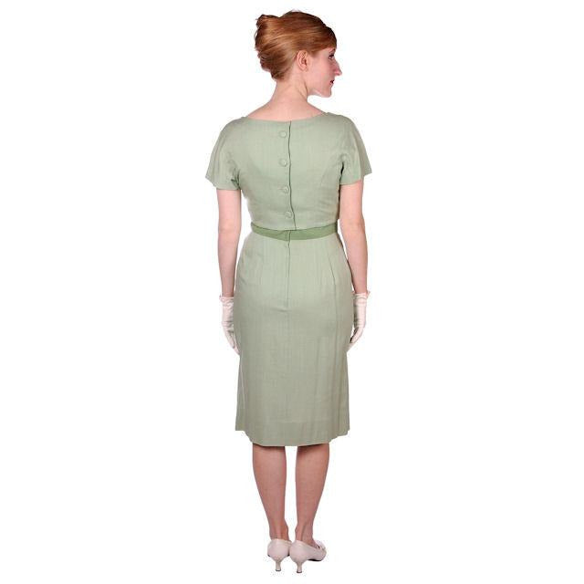 Vintage Dress Green Wiggle Linen 1950s Lace Waistband Ferman O'Grady 36-26-36 Women's Ferman O'Grady