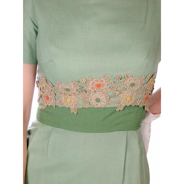 Vintage Dress Green Wiggle Linen 1950s Lace Waistband Ferman O'Grady 36-26-36 Women's Ferman O'Grady