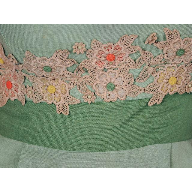 Vintage Dress Green Wiggle Linen 1950s Lace Waistband Ferman O'Grady 36-26-36 Women's Ferman O'Grady