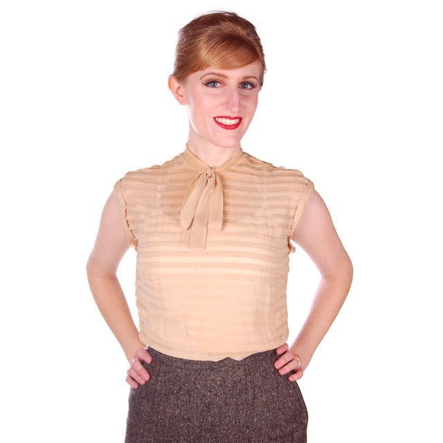 Vintage Rayon Chiffon Tan Blouse Pleated Bow Back Zip 1950s 36-30 Women's vendor-unknown
