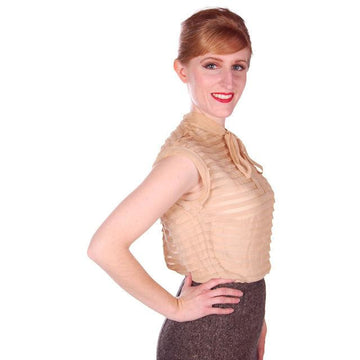 Vintage Rayon Chiffon Tan Blouse Pleated Bow Back Zip 1950s 36-30 Women's vendor-unknown