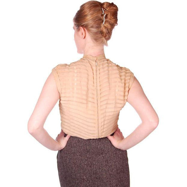 Vintage Rayon Chiffon Tan Blouse Pleated Bow Back Zip 1950s 36-30 Women's vendor-unknown