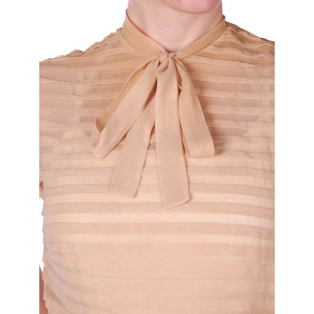 Vintage Rayon Chiffon Tan Blouse Pleated Bow Back Zip 1950s 36-30 Women's vendor-unknown