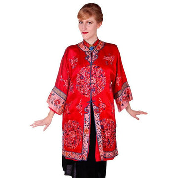 Antique Victorian Chinese Robe Coat Red Silk Embroidered Includes Free Brooch! - The Best Vintage Clothing
 - 1