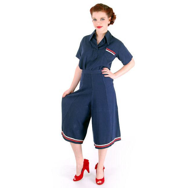 Vintage Ladies WW 2 SPORTSWEAR Culotte Pants Set Nautical Theme 1940s 40-28-41 Women's,New Arrivals vendor-unknown