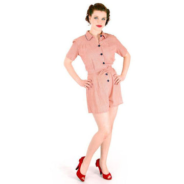 Vintage Ladies Red Cotton Gingham Playsuit 1940s 40-30-40 Pin Up WW2 Women's,New Arrivals vendor-unknown