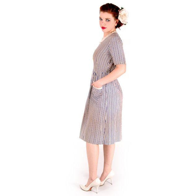 Vintage Womens House Dress Blue Striped Seersucker Early 1940s 38-30-48 Women's,On Sale vendor-unknown