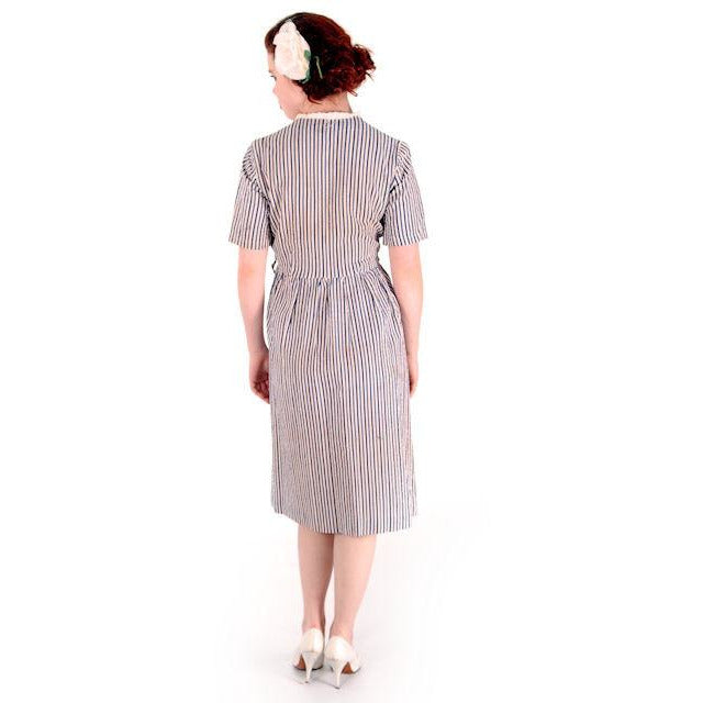 Vintage Womens House Dress Blue Striped Seersucker Early 1940s 38-30-48 Women's,On Sale vendor-unknown