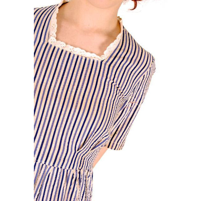 Vintage Womens House Dress Blue Striped Seersucker Early 1940s 38-30-48 Women's,On Sale vendor-unknown