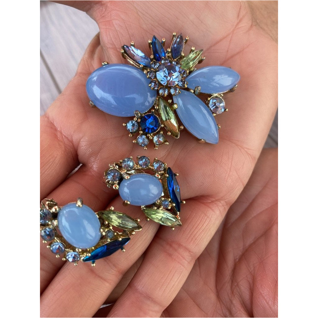 Vintage Rhinestone Set Brooch and Clip Ears Blues/Greens On Sale The Best Vintage Clothing