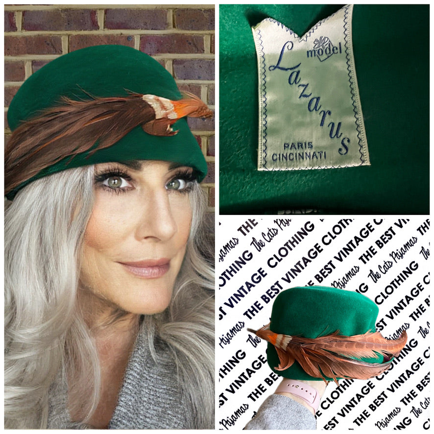 Vintage Lazarus Bucket Hat 50s Emerald Green Velour Sweeping Feather Church O/S Hats The Best Vintage Clothing