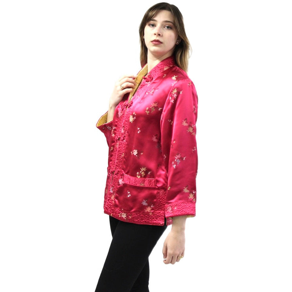 Vintage Pink/Yellow Satin Reversible Damask Jacket 1950s S/M Japan coat The Best Vintage Clothing