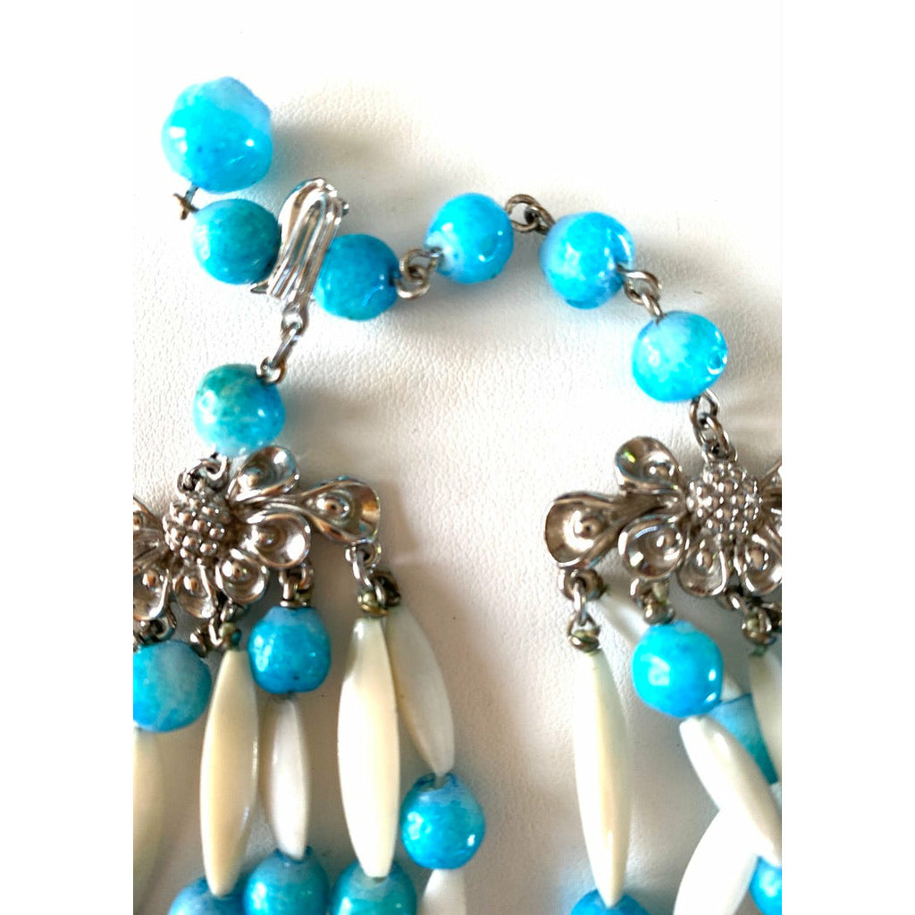 Schiaparelli Vintage Bib Necklace 8 Strands Turquoise White 1950s Plastic Stunning Designer necklace The Best Vintage Clothing