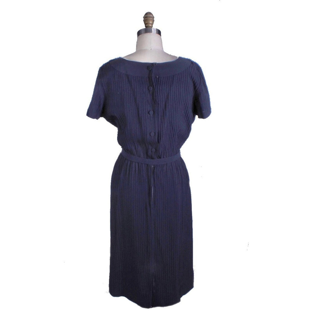 Navy Blue Vintage Day Dress R&K All-Over Pleats 1950s Medium Rayon Wiggle dress The Best Vintage Clothing