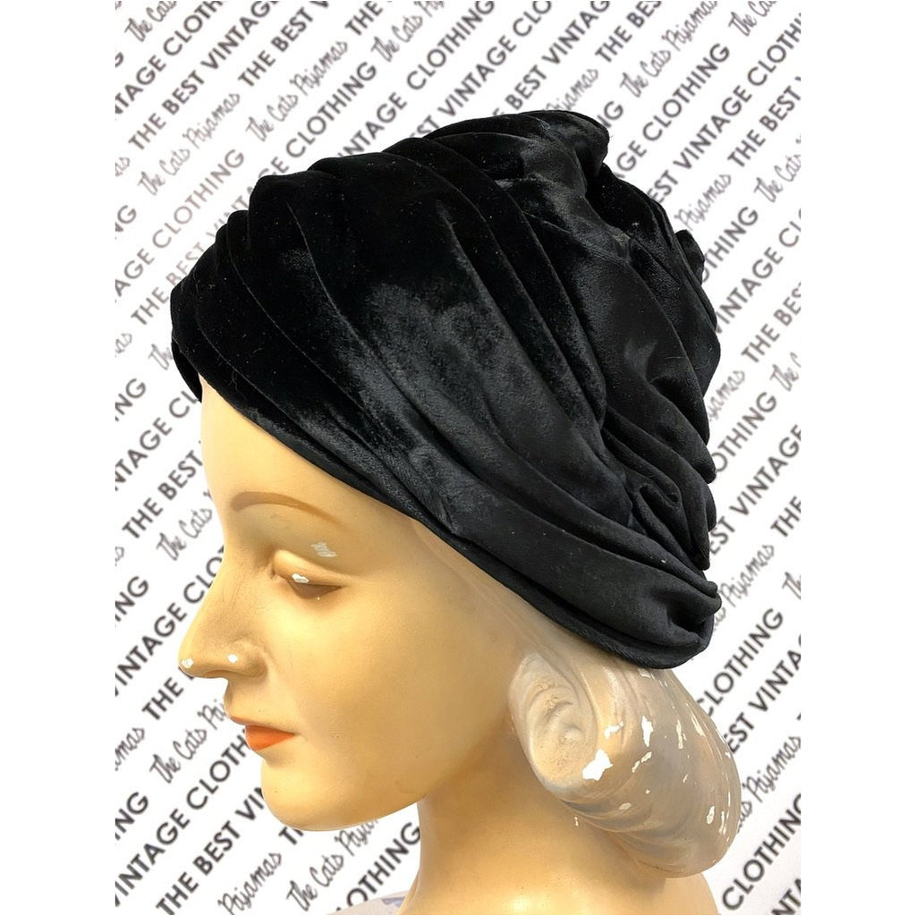 Vtg Christian Dior Black Silk Velvet Turban Hat 1950s M/L Hats The Best Vintage Clothing