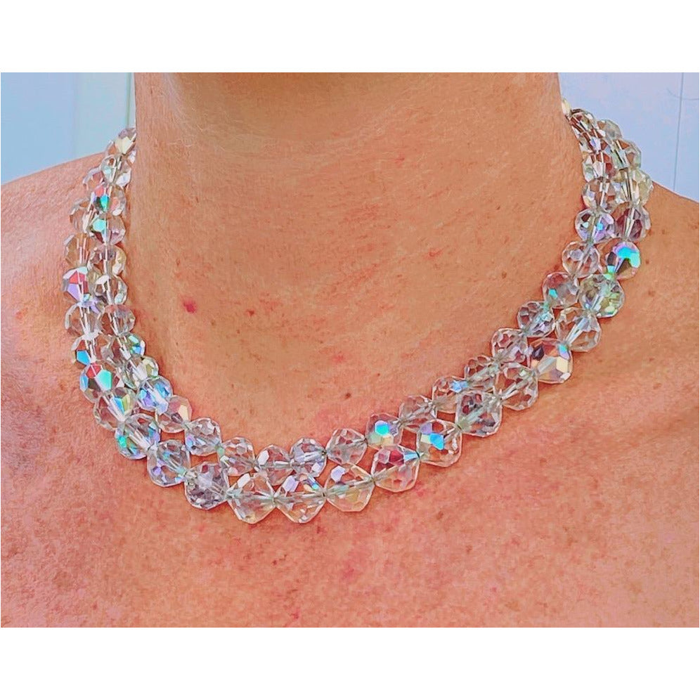 Vintage Aurora Borealis Rock Crystal Necklace Dbl Strand