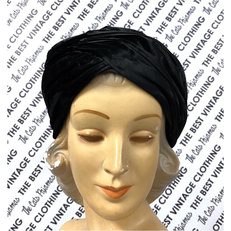Vtg Christian Dior Black Silk Velvet Turban Hat 1950s M/L Hats The Best Vintage Clothing