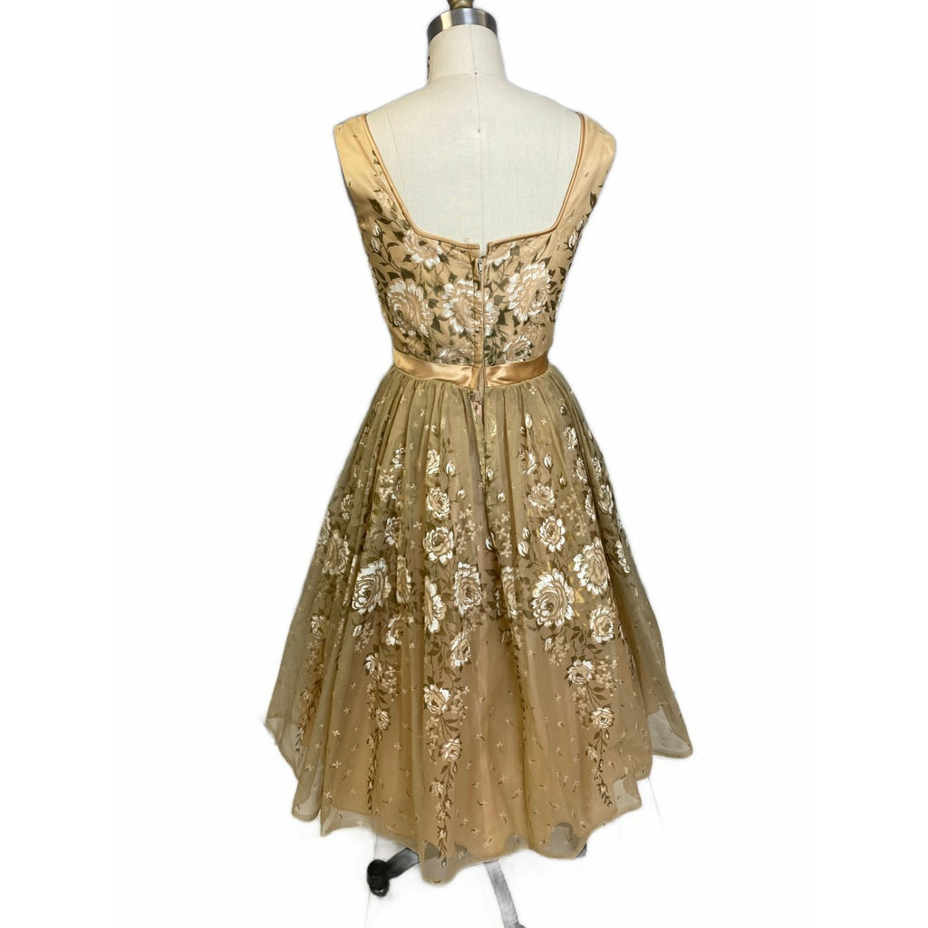 VTG Dress 50s Sheer Nylon Overlay Full Skirt Day/Party Gold White Hand Painted S Dresses The Best Vintage Clothing