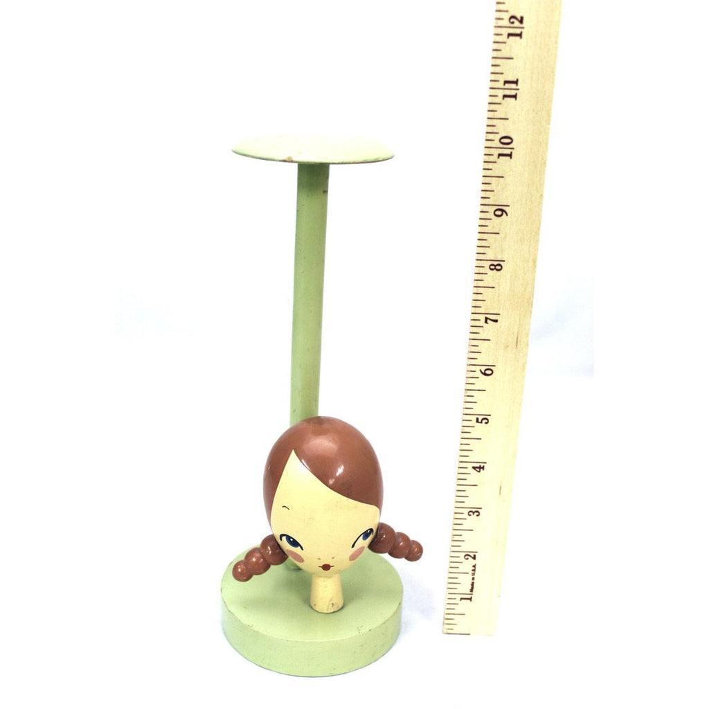 Rare Vintage Hat Stand Wooden Girl with PigTails 1940s Green New Arrivals The Best Vintage Clothing
