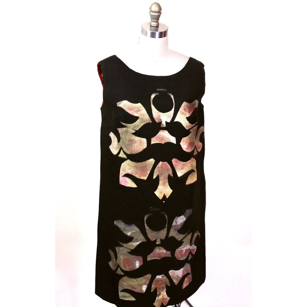 Retro Vtg Tummey Hand Block Printed 70s Dress Shift Hippie Womens Black Pink s/m The Best Vintage Clothing