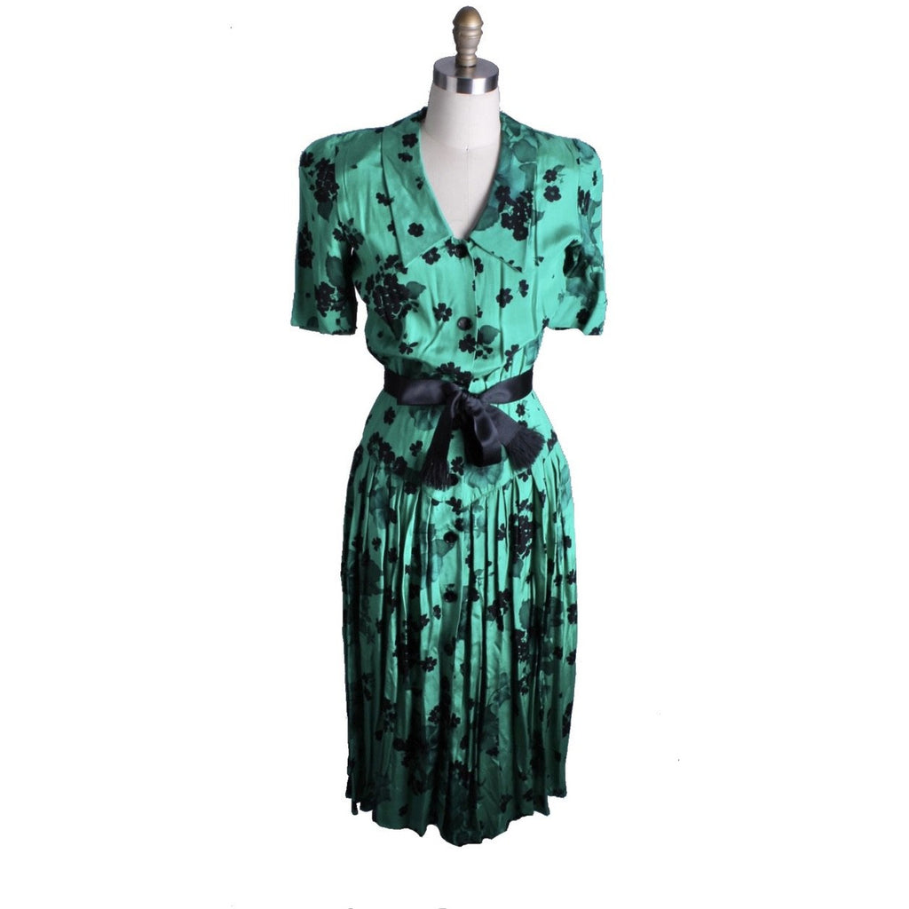 Vintage 1980s Dress Green Black Print Rayon 40s Look Womens Sz S Hip Drape dresses The Best Vintage Clothing