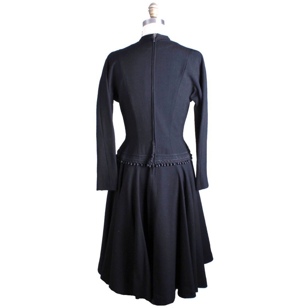 VTG Black Late 1940s Dress With Corde Ball Fringe Hip Detail LBD Wool New Look Womens S/M Dress The Best Vintage Clothing